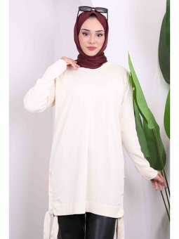 Krem Düğme Detaylı Soğuk İplik Triko Tunik
