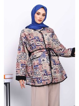 Krem Etnik Desenli Çıtçıtlı Ceket