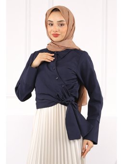 Lacivert Bel Bağlamalı Crop Gömlek
