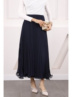 Lacivert Bel Lastikli Piliseli Şifon Etek