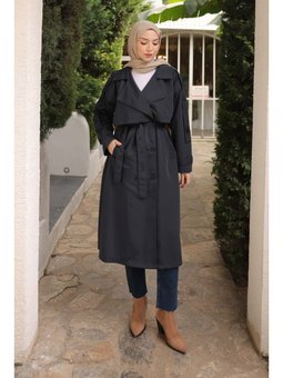 Lacivert Kruvaze Yaka Astarlı Trençkot