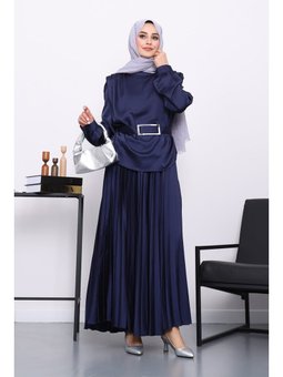 Lacivert Omuz Vatka Detaylı Kemerli İkili Abiye Takım