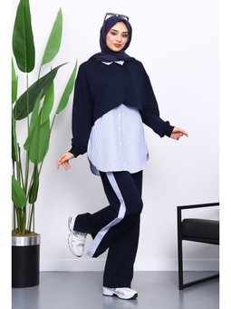 Lacivert Pelerin Görünümlü Gömlek Pantolonlu Modal Takım