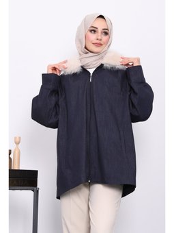 Lacivert Yaka Kürk Detaylı Kot Ceket