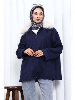 Lacivert Yaka Kürk Detaylı Süet Ceket