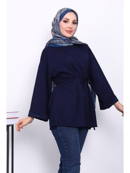 Lacivert Yanları Yırtmaçlı Bel İpli Tunik