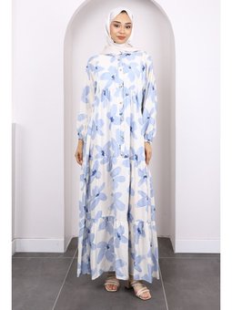 Mavi Yarım Düğmeli Eteği Katlı Desenli Elbise