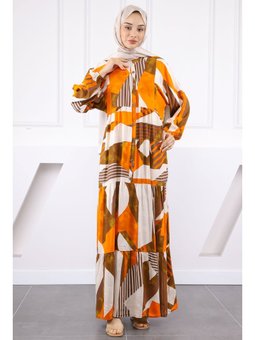 Oranj Yarım Düğmeli Eteği Katlı Elbise