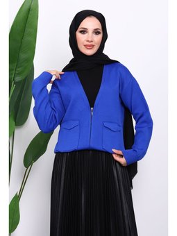 Saks Mavisi Mavi Çift Cepli Fermuarlı Triko Hırka