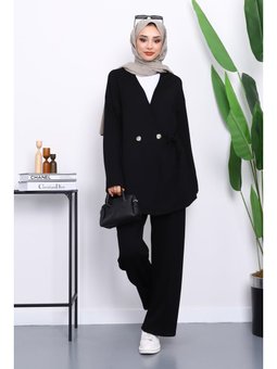 Siyah Bağlama Detaylı Tunik Pantolonlu Takım