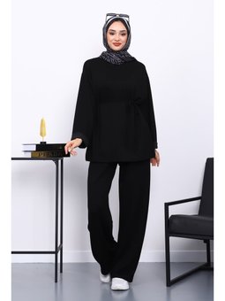 Siyah Belden Bağlamalı Pantolon Cepli Modal Takım