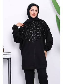 Siyah Çiçek Desenli Fermuarlı Tunik