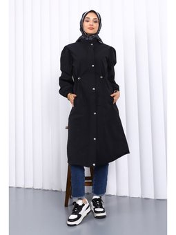 Siyah Çıtçıtlı Bel Lastikli Trençkot