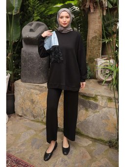 Siyah Kot Garnili Modal Tunik Pantolonlu Takım