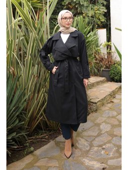 Siyah Kruvaze Yaka Astarlı Trençkot