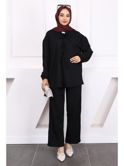 Siyah Ön Bağlamalı Bürümcük Kimono Pantolonlu Takım