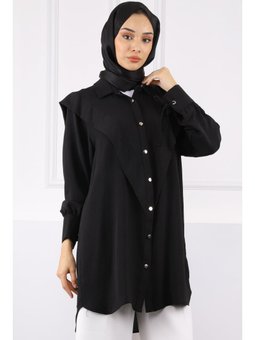 Siyah Ön Detaylı Kol Bağlamalı Tunik