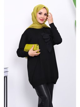 Siyah Soğuk İplik Çiçek Detaylı Triko Tunik