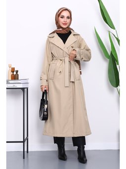 Taş Kravuze Yaka Kuşaklı Astarlı Trençkot
