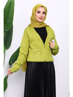 Yağ Yeşili Çift Cepli Fermuarlı Triko Hırka