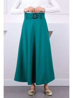 Zümrüt Yeşili Bel Kemerli Kloş Etek