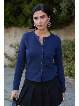 Basic Düğmeli Lacivert Waffle Hırka