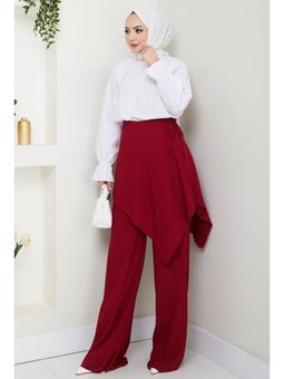 Çapraz Bağlama Detaylı Bordo Krep Pantolon