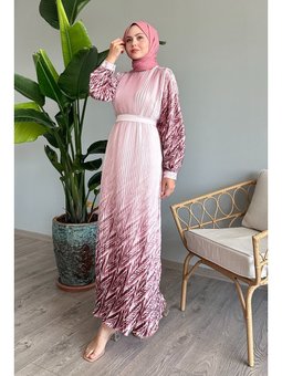 Etek Ve Kolu Desen Pudra Şifon Elbise