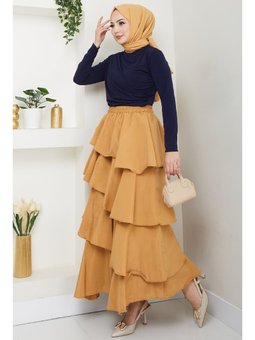 Fırfırlı Kat Kat Uzun Modal Camel Etek