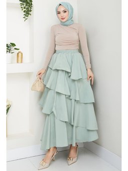 Fırfırlı Kat Kat Uzun Modal Etek Mint
