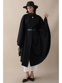 Kemerli Kaşe Siyah Uzun Panço