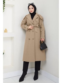 Omuzları Apolet Detaylı Astarlı Sütlü Kahve Trençkot