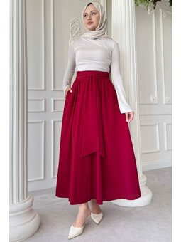 Pileli Kuşak Detay Bordo Etek