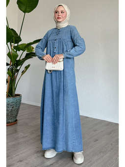 Robalı Patlı İndigo Kot Elbise