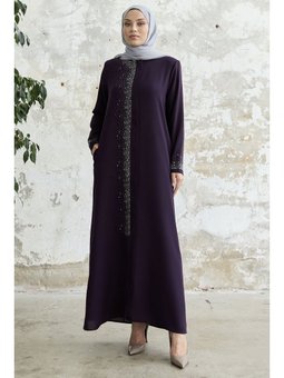 Sağ Kısmı Taş İşlemeli Mürdüm Ferace