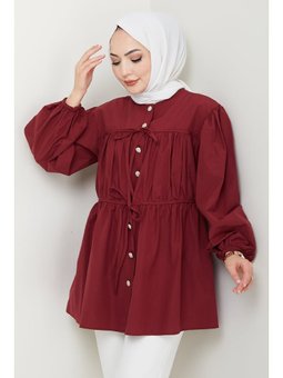 Taş Düğmeli Büzgülü Bordo Gömlek
