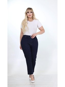 Büyük Beden Taşlı Bilek Boy Esnek Kot Pantolon Koyu Mavi