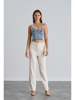 Yüksek Bel Cepsiz Palazzo Pantolon Krem