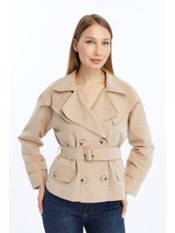 Çift Yakalı Crop Bej Trençkot