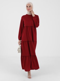 Kol Uçları Lastikli Zenane Elbise Bordo