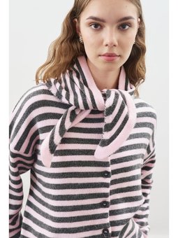 Atkı Detaylı Çizgili Pembe Hırka