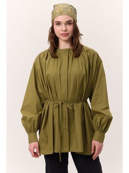 Büzgü Detaylı Geniş Yağ Yeşili Gömlek