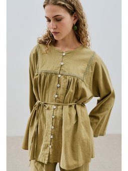 Dokulu İşlemeli Haki Gömlek