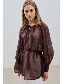 Geniş Manşetli Kuşaklı Bordo Tunik