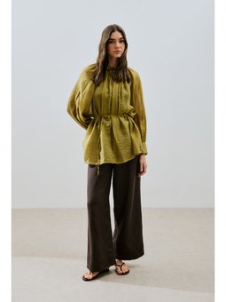 Geniş Manşetli Kuşaklı Sarı Tunik