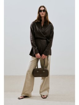 Keten Bağlama Detaylı Acı Kahve Gömlek