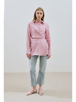 Keten Bağlama Detaylı Pembe Gömlek