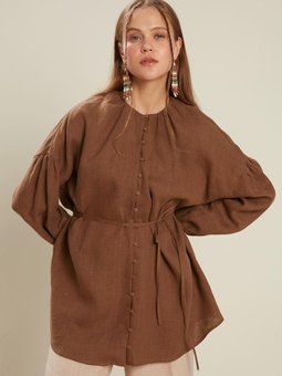 Keten Balon Kol Kahverengi Gömlek