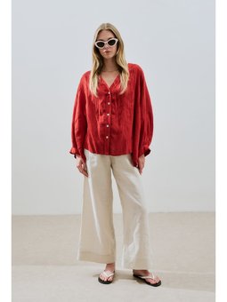 Keten Crush Düğmeli Kırmızı Bluz