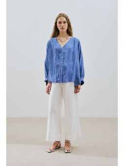 Keten Crush Düğmeli Mavi Bluz
